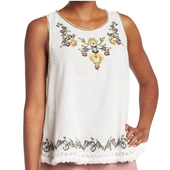 Max Studio Women's White, Blue & Red Floral Embroidered Cotton Tank Top NEW - Picture 1 of 10
